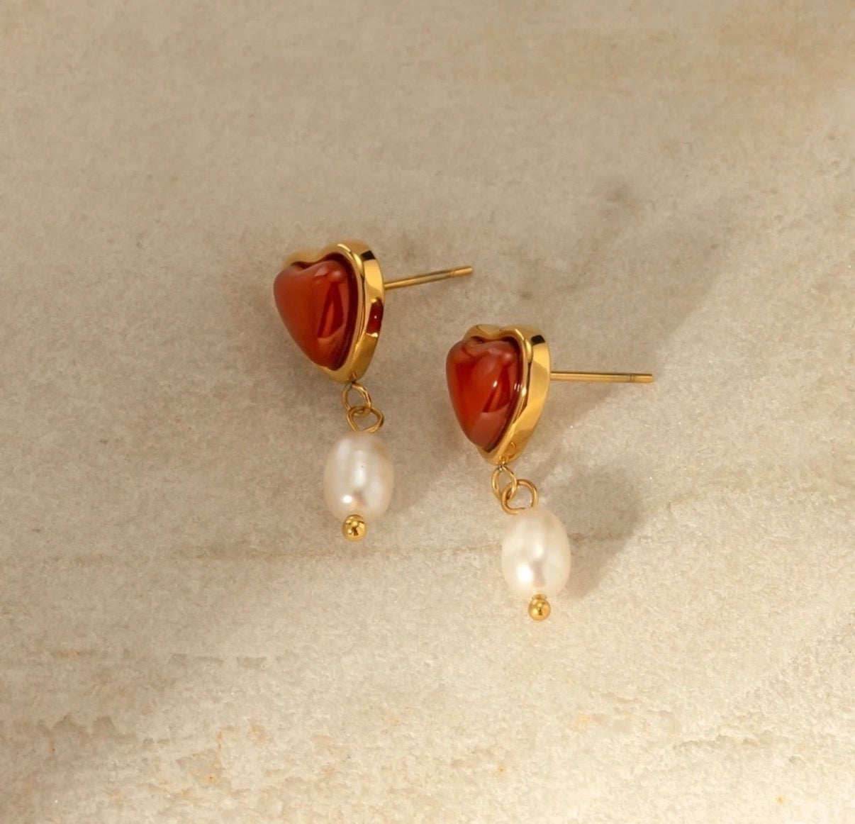 Carnelian Inlaid Heart Freshwater Pearl Earrings