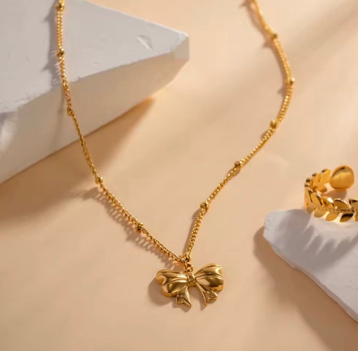 Charm Bow Pendant Bead Chain Necklace