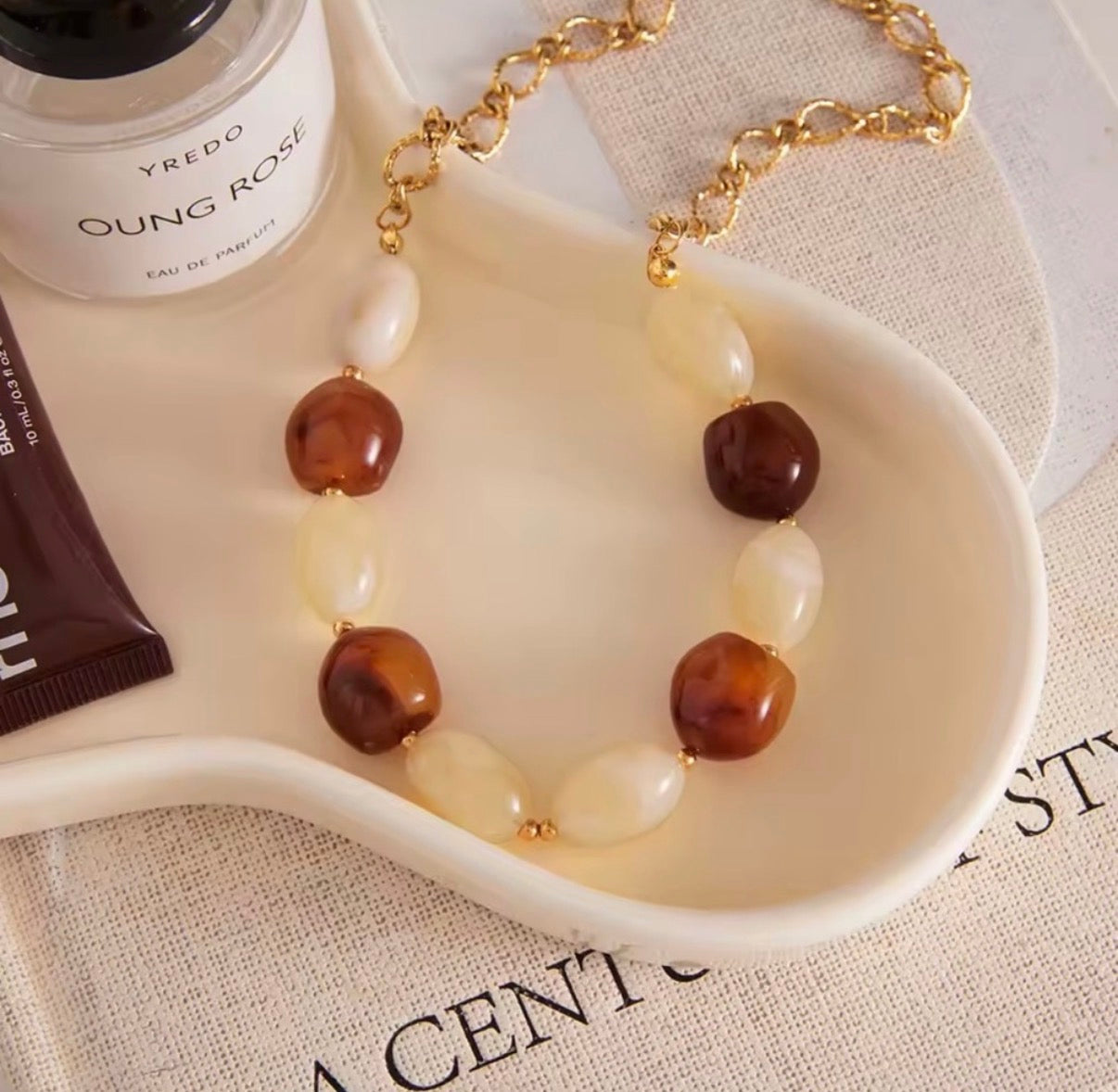 Amber Stained Resin Beaded Necklace