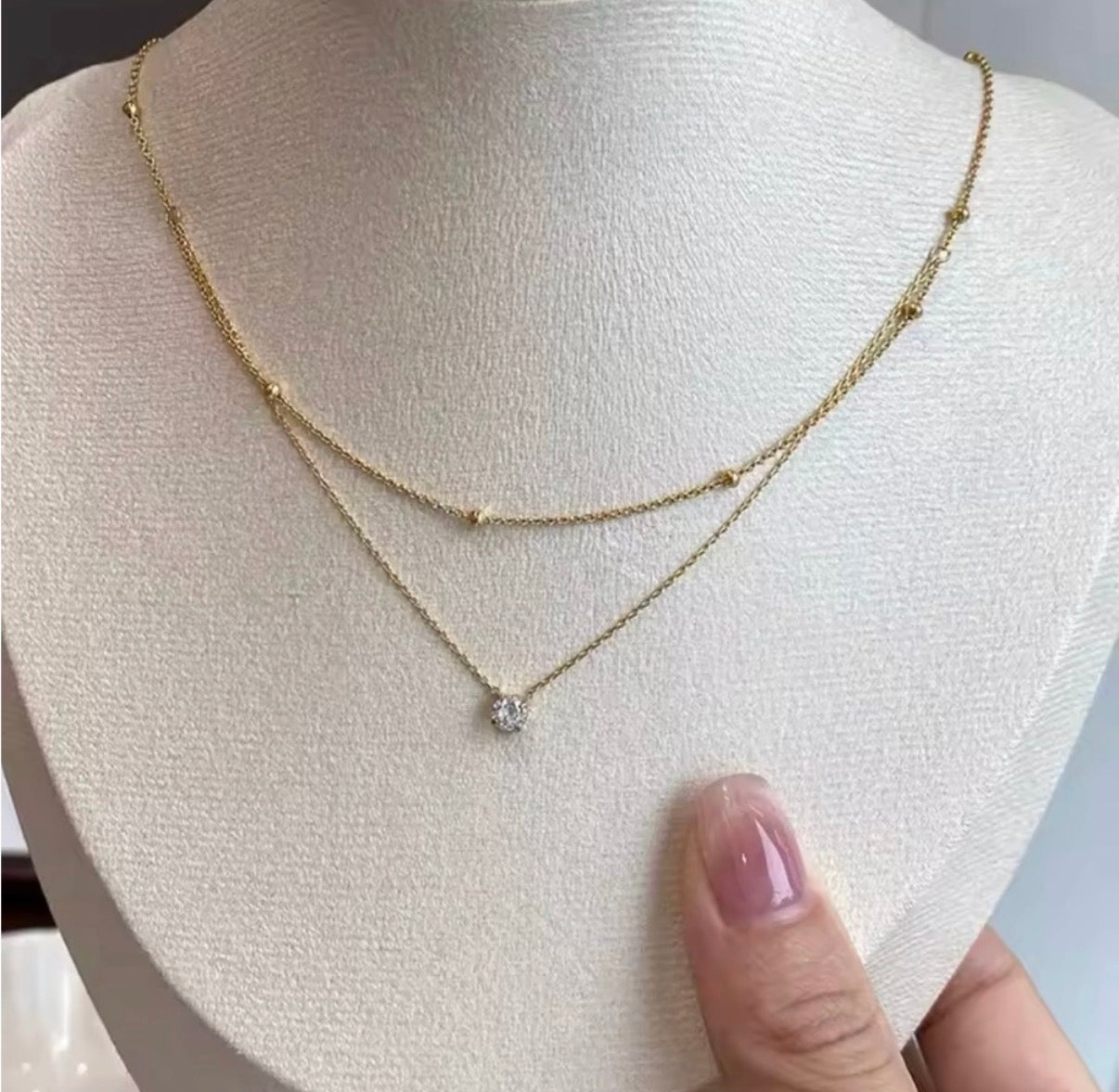 Double Layer Beaded & Zirconia Pendant Necklace