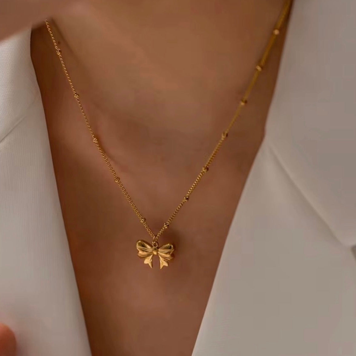 Charm Bow Pendant Bead Chain Necklace