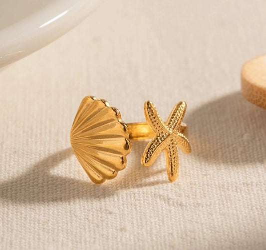Ocean Shell & Starfish Open Ring