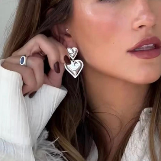 Silver Double Heart Drop Earrings