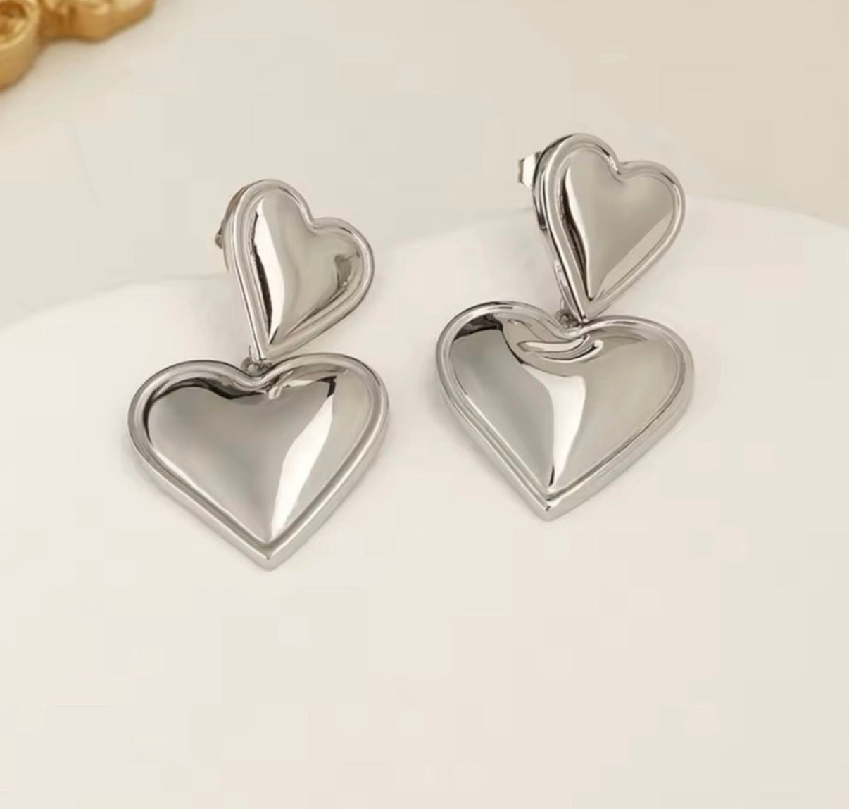 Silver Double Heart Drop Earrings