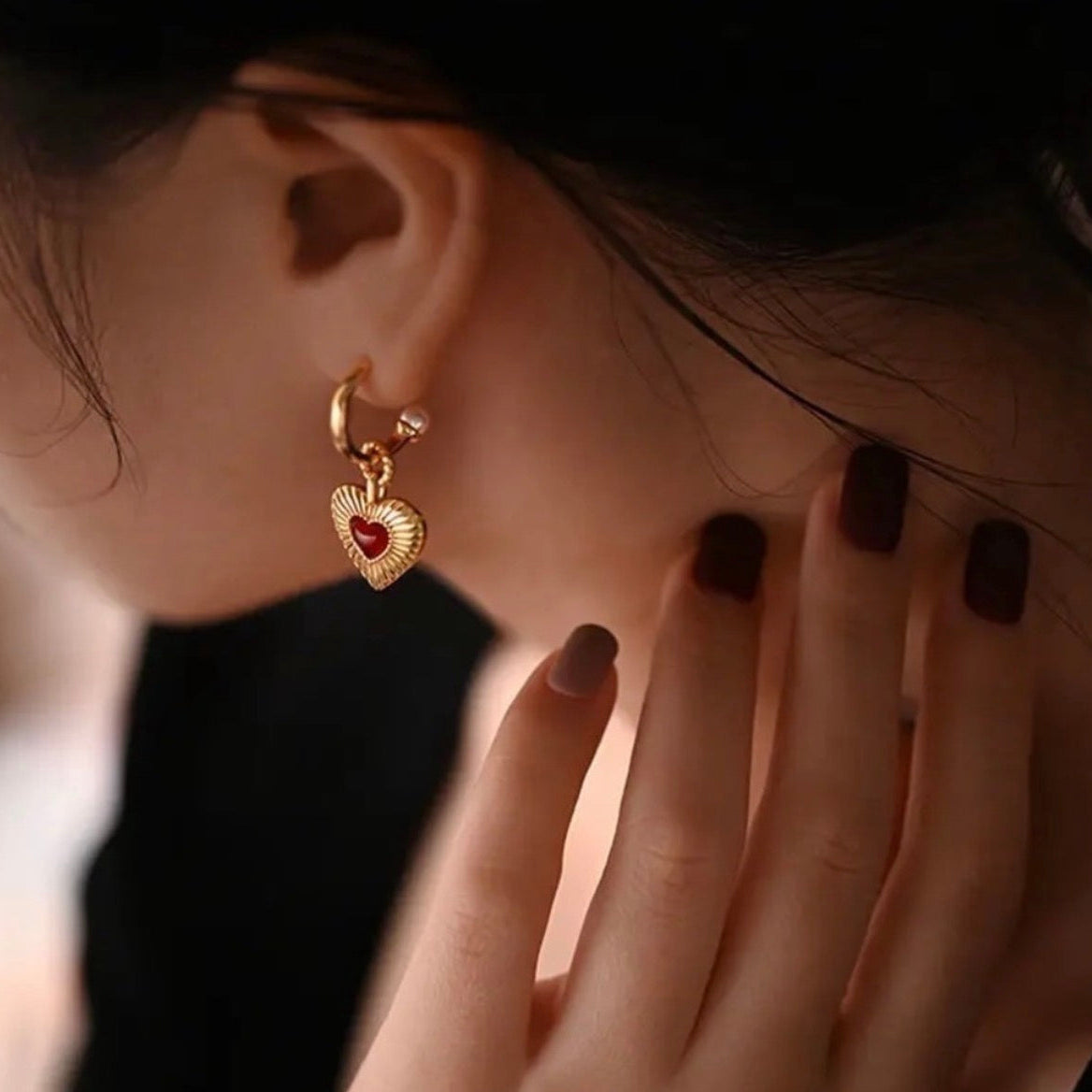 Red Agate Love Heart Earrings